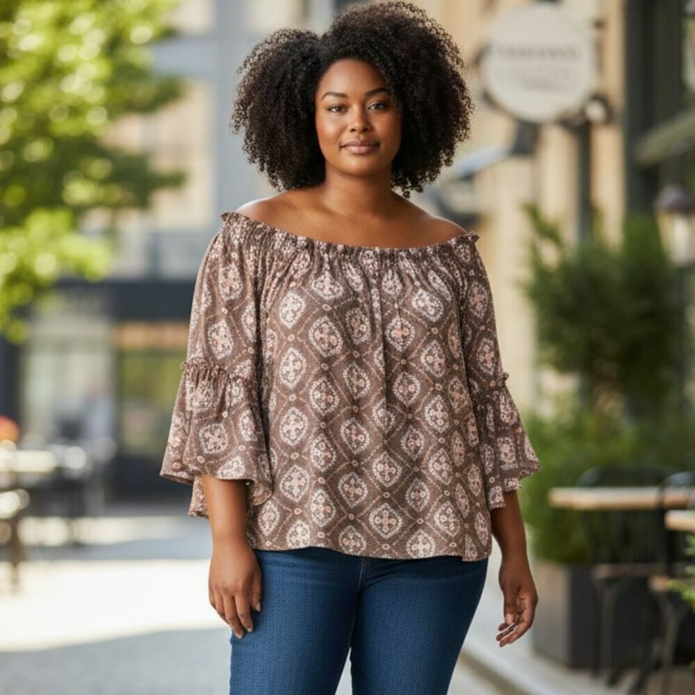 Time Tru Womens Large Beige Pink Bell Sleeve Peasant Blouse Top Shirt L 12 14